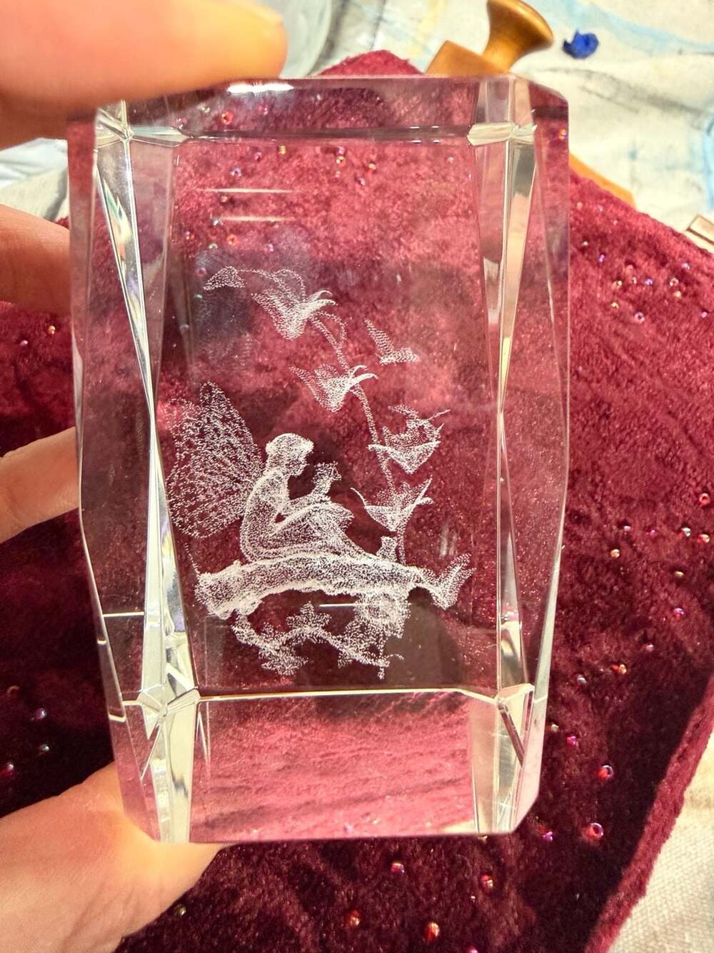 3D Laser Etched Fairy Crystal Glass Paperweight With Flowers Cottage Home Decor